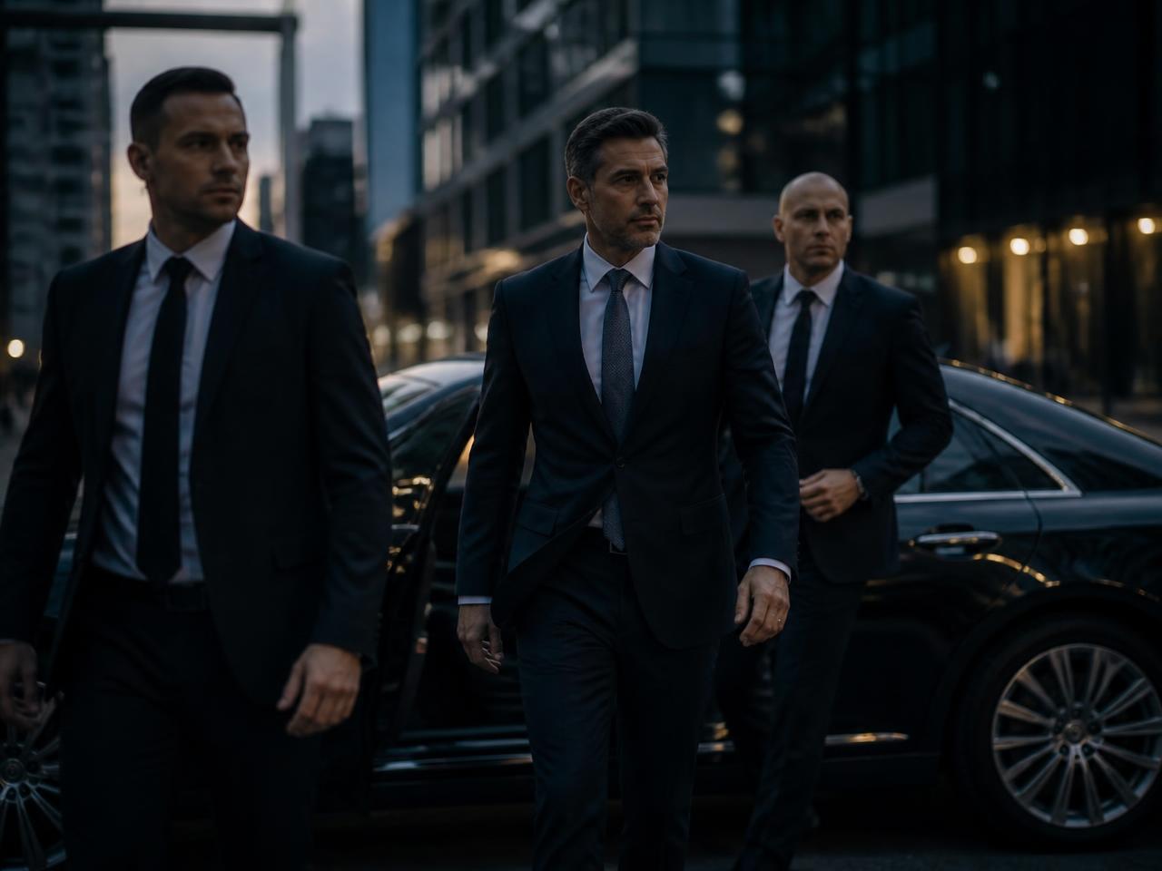 Close protection officers escorting an executive in a corporate district